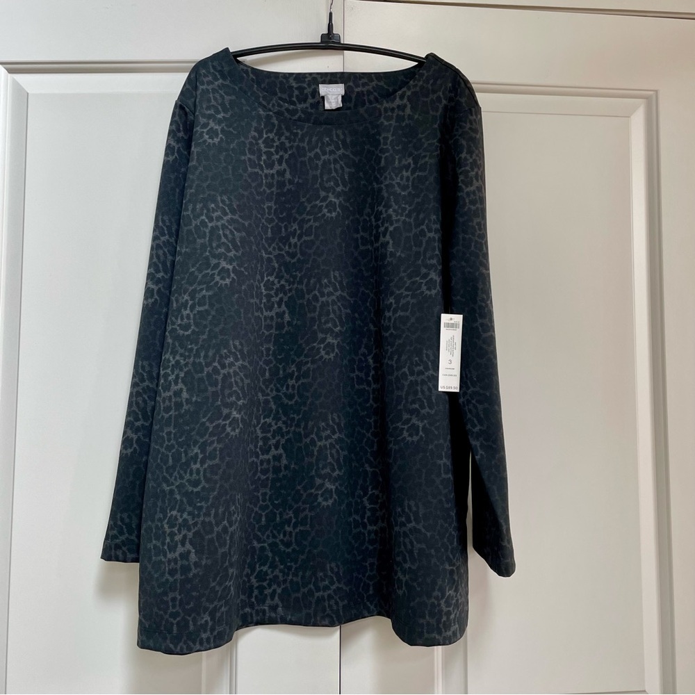 NWT Chicos Leopard-Print Ponte Knit Snap Sleeve Pullover Grey Black Tunic Top